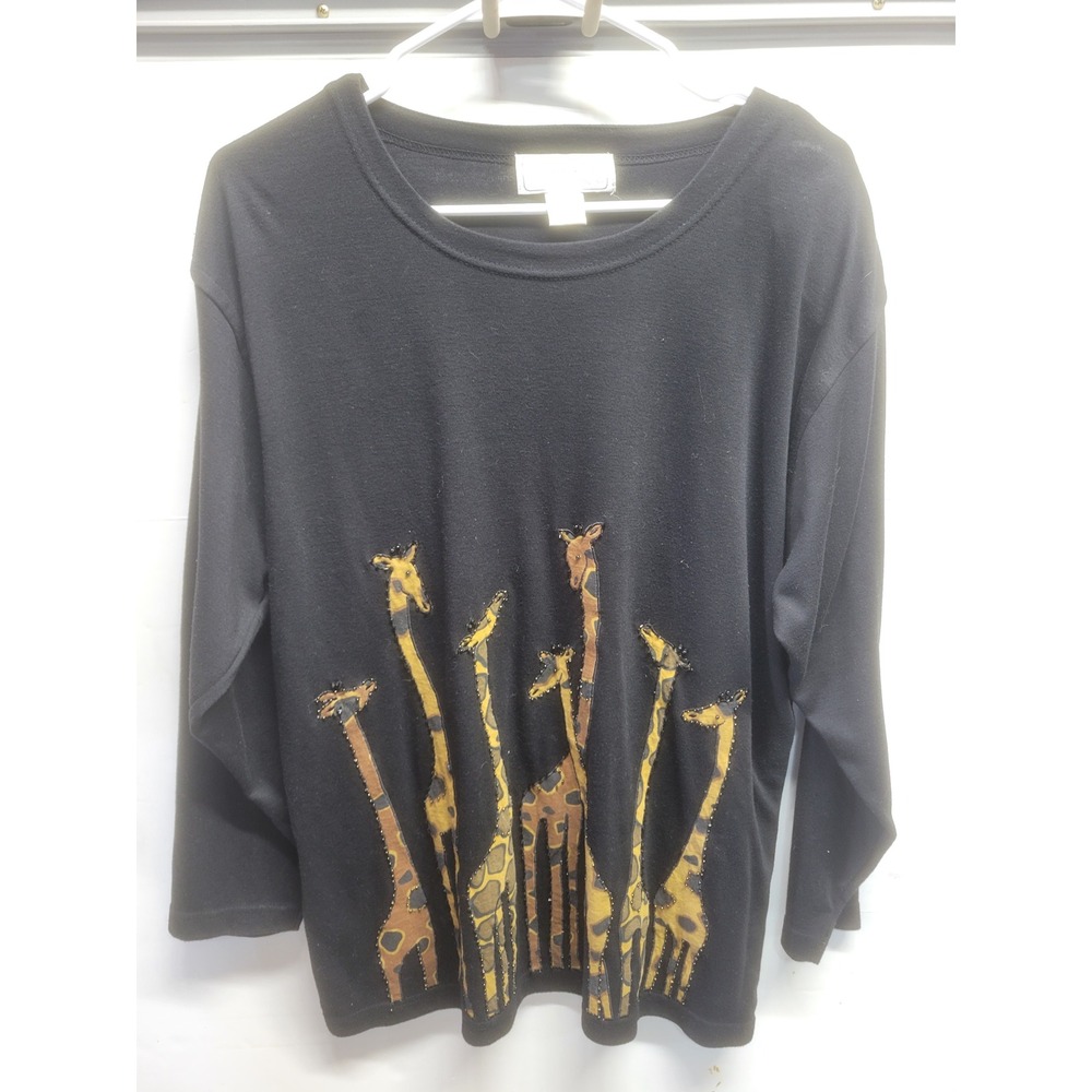 Vtg Lisa International‎ Womens XL Black Giraffe Applique Beaded Long Sleeve Top